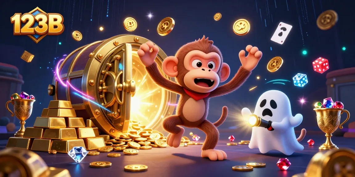 Experience thrilling luck at 123B, where gold coins and jackpots come alive in a vibrant casino scene.
