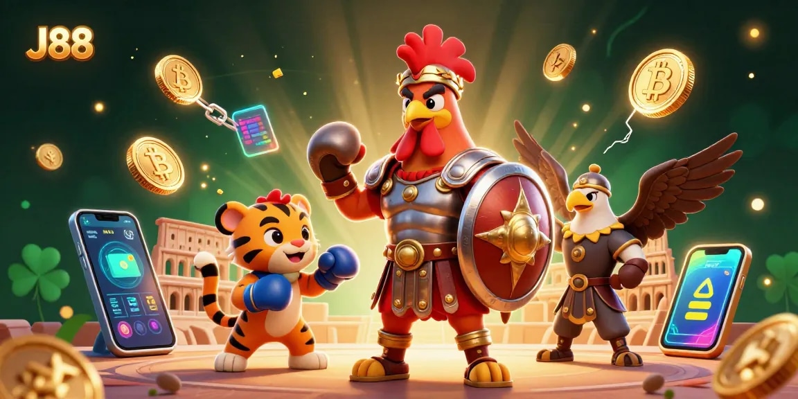 J88 promotes thrilling casino adventures with cartoon gladiator characters and vibrant crypto elements.