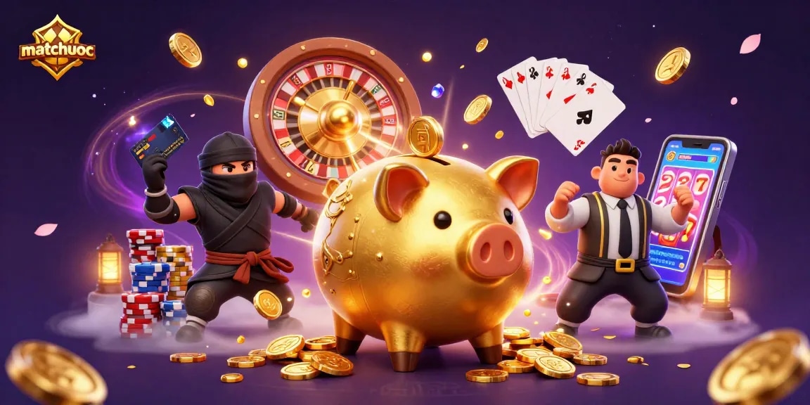 Matchuoc's animated scene features a golden piggy bank sumo wrestler engaging in a playful ground-stomp