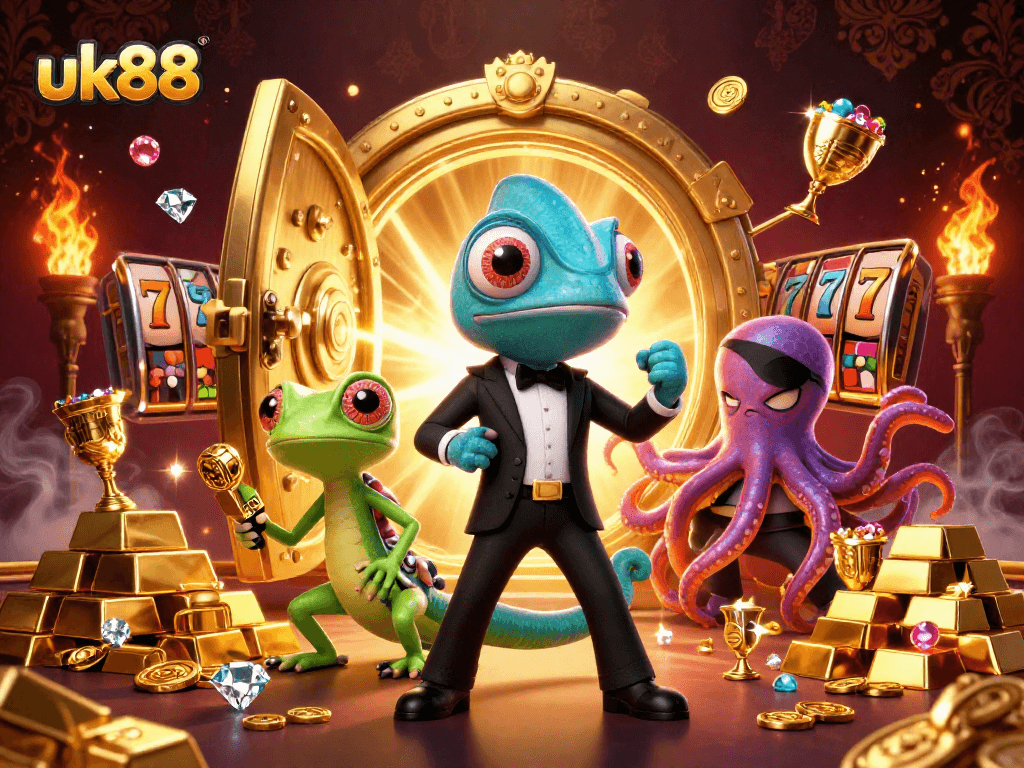 Experience exhilarating gaming action with uk88's animated casino scene featuring vibrant characters and lavish treasures.