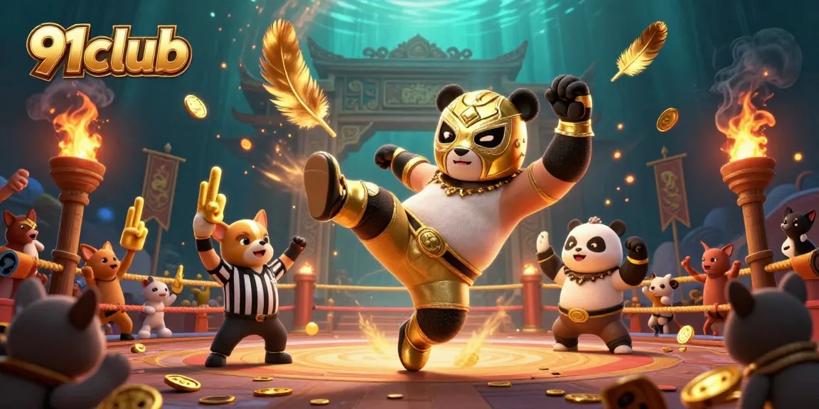 91club gaming scene featuring a panda in a flying kick, showcasing vibrant casino action.