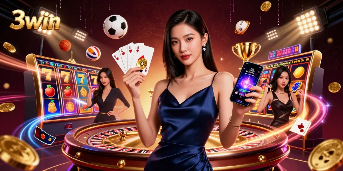 Engage with 3win's thrilling games, featuring a confident woman in a navy dress with casino elements.