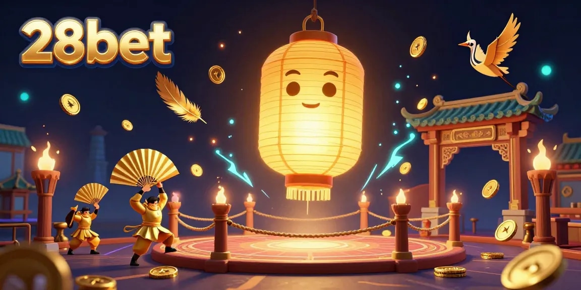 Bet on exciting games at 28bet with a captivating golden lantern spirit illuminating the casino scene.