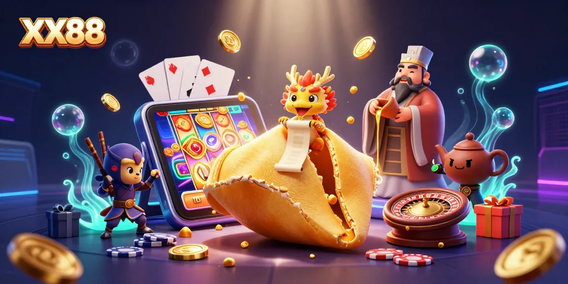 Experience the excitement of XX88 with a dynamic, illustrated casino scene featuring a golden fortune cookie and various gaming elements.