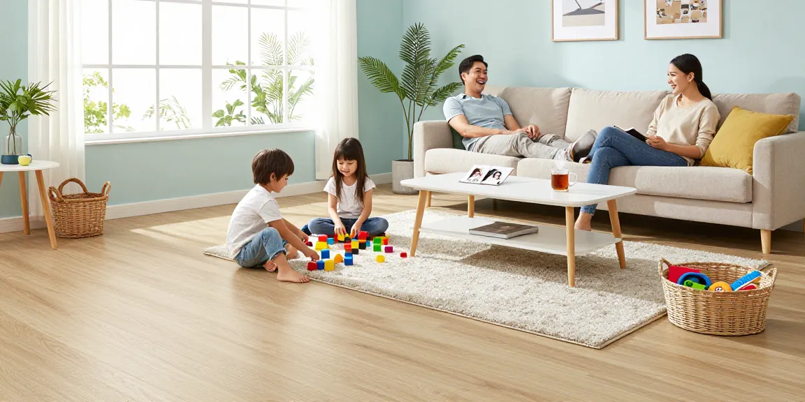 Durable flooring for family homes showcased in an inviting living room with a playful family scene.