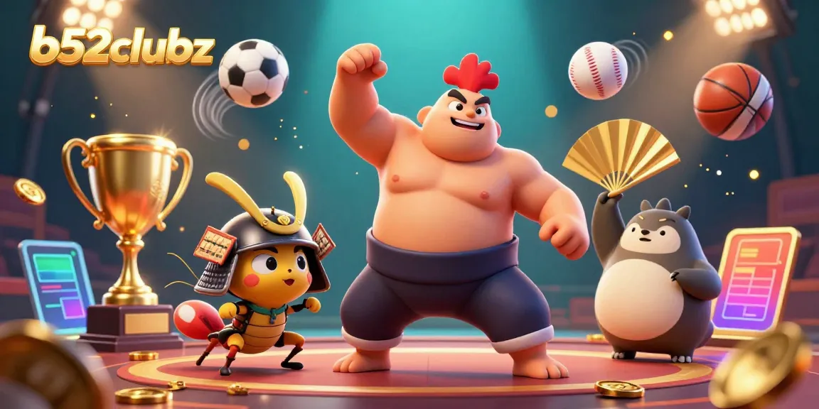 Engage with b52clubz' exciting casino scene featuring dynamic sports elements and animated characters.