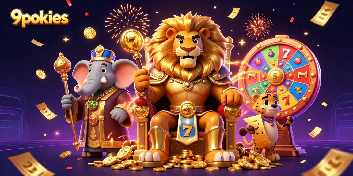 Engage with 9pokies in an exhilarating casino scene featuring a majestic lion king and vibrant gaming elements