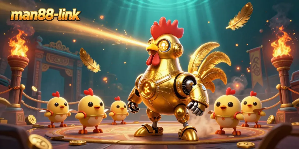Experience the excitement at man88-link with a vibrant, dynamic casino illustration featuring gold coins and energetic characters.