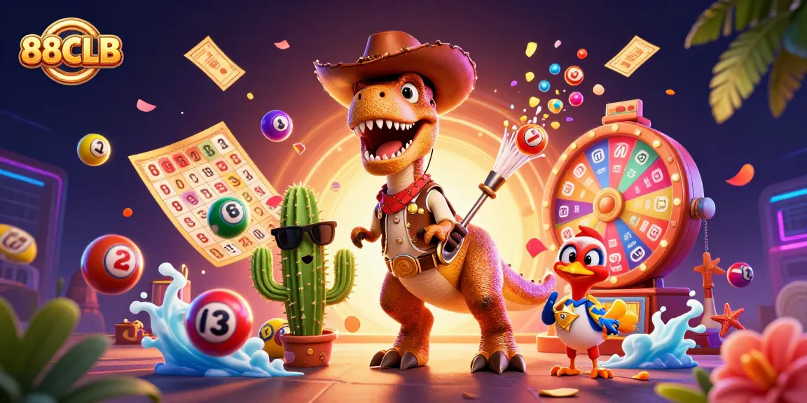 Win exciting prizes with 88CLB's vibrant lottery-themed 3D illustration featuring dynamic game elements.