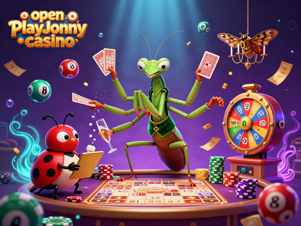 Experience excitement at open PlayJonny casino with a whimsical 3D illustration of a mantis card sharp and ladybug pit boss.