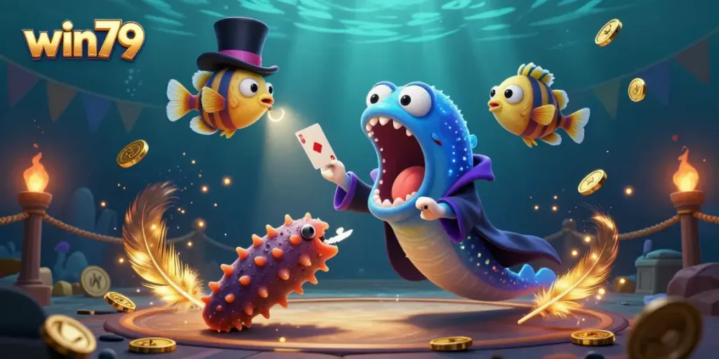 Experience the excitement of win79 through a magical underwater casino scene with vibrant characters and casino elements.