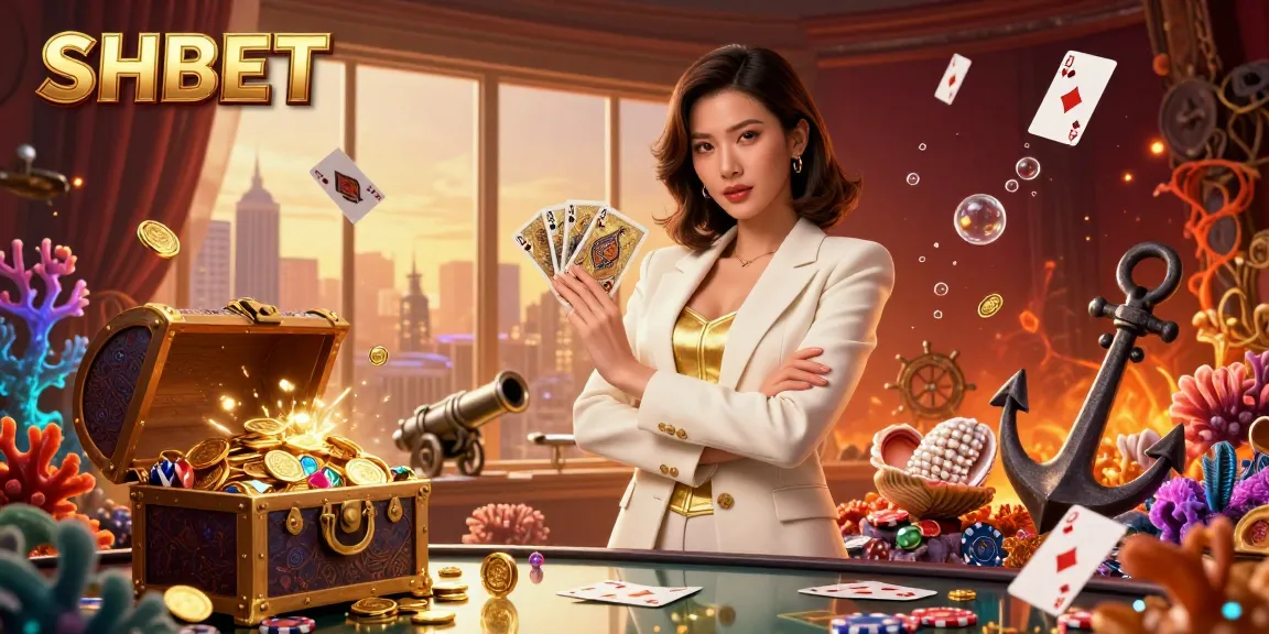 Engage with SHBET's exciting casino experience featuring a powerful businesswoman, golden cards, and dynamic gambling elements.