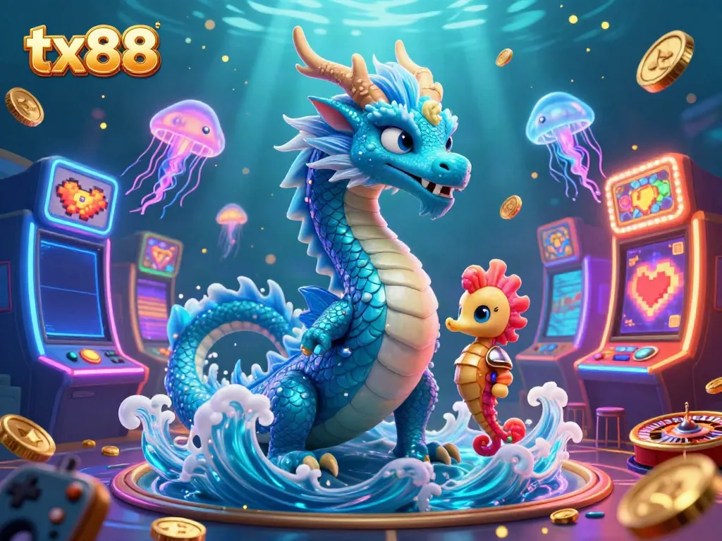 Experience the excitement at tx88 with a vibrant underwater casino scene featuring an azure water dragon and thrilling game elements.