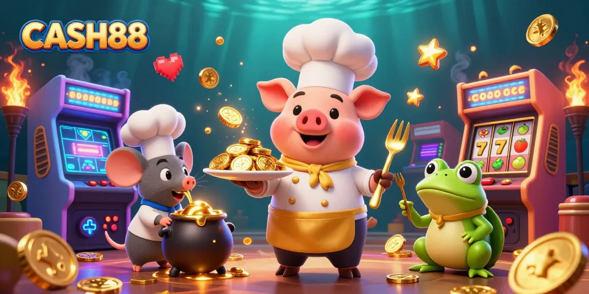 Engage in the excitement of CASH88 at a vibrant casino, featuring a chef pig serving gold coins and game elements.