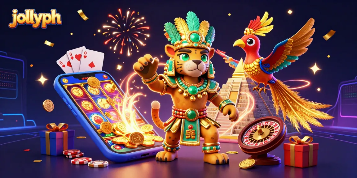 Engage with jollyph in a vibrant 3D casino scene showcasing dynamic gaming elements and festive atmosphere.