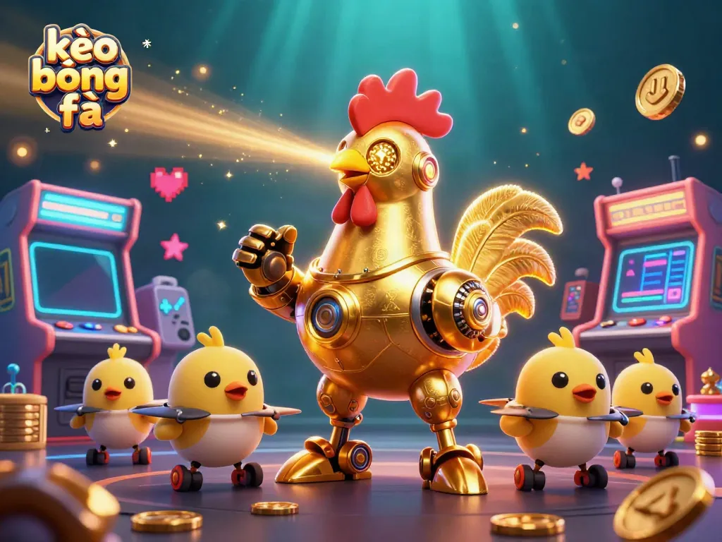 Experience vibrant action in kèo bóng đá with a retro-futuristic rooster robot and baby chick drones.