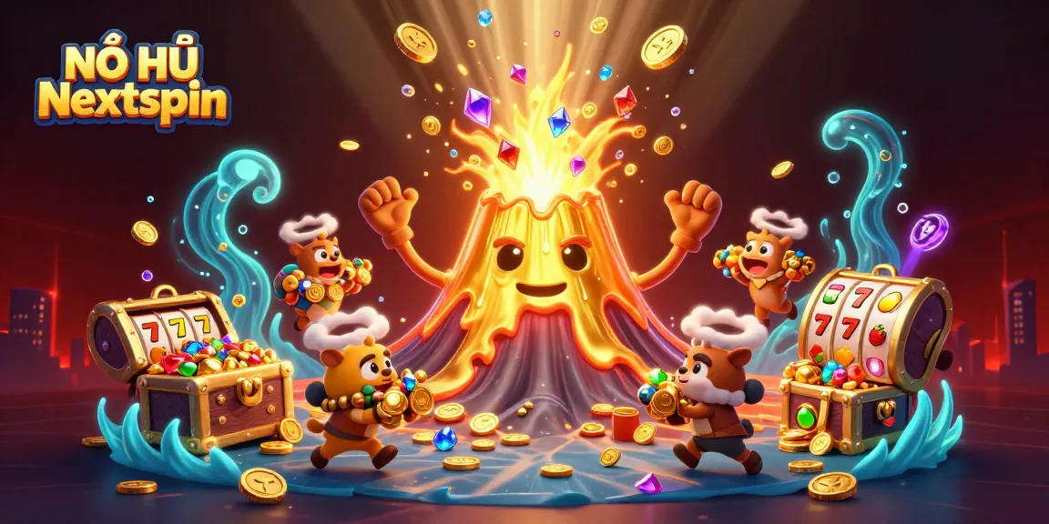 NỔ HŨ Nextspin showcases an energetic scene with treasures and thrilling slot elements.