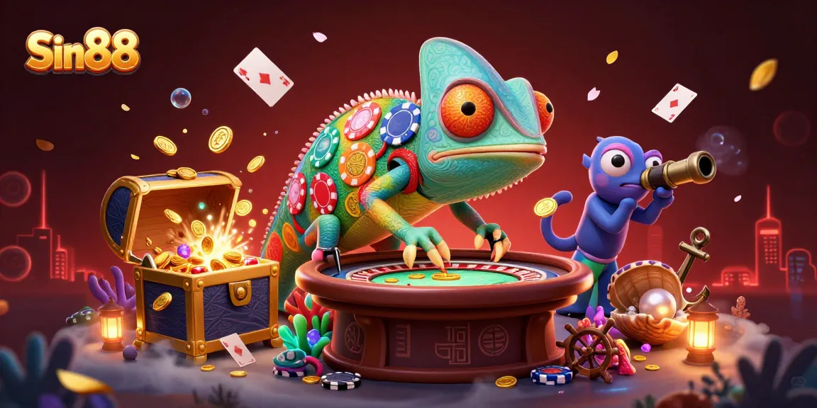 Experience thrilling gaming at Sin88 with a vibrant 3D chameleon owner amidst dynamic casino elements.