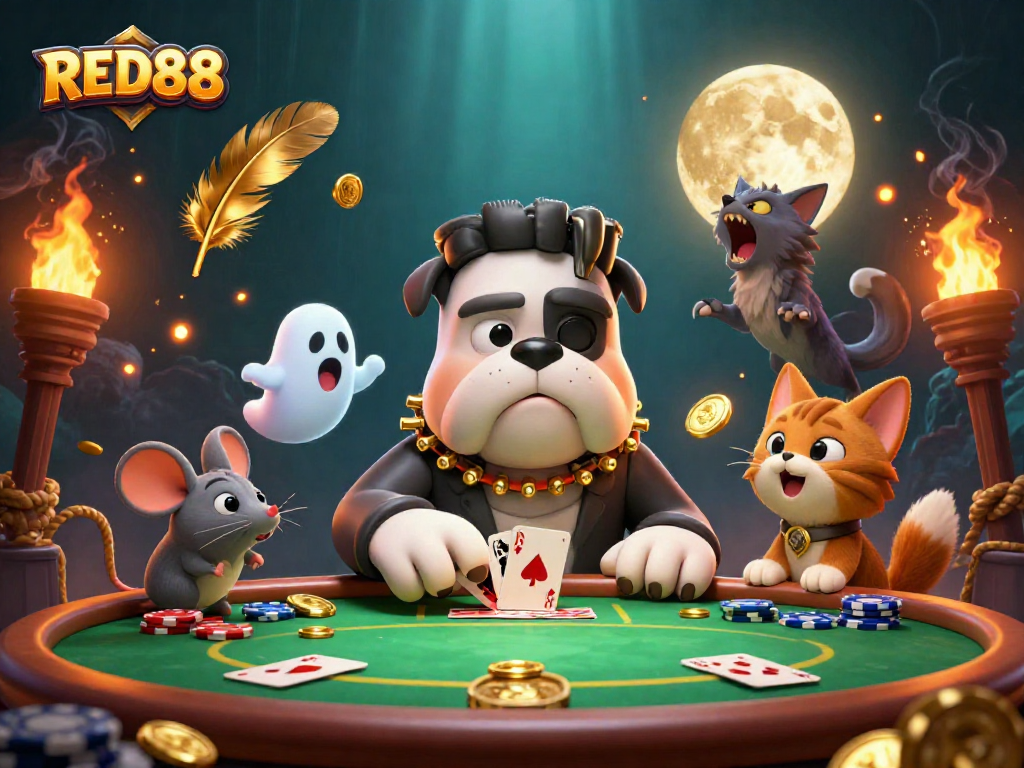 Enhance your game with RED88 as a cartoon samurai bulldog deals cards amid golden coins and mystical creatures.
