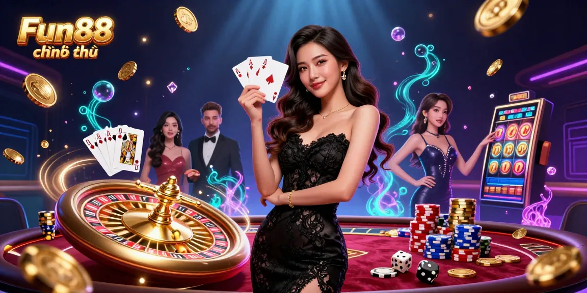Win big at Fun88 chính thức with a stunning Asian woman holding ace cards in a casino setting.