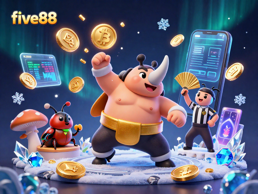 Experience thrilling action at five88 with a cartoon rhinoceros beetle champion amidst flying coins and crypto elements.