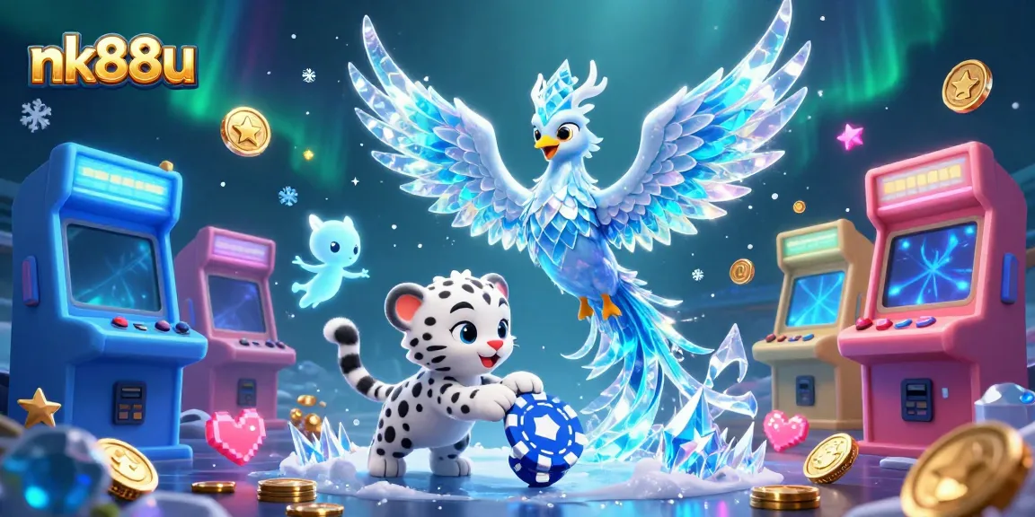 Engage with exciting games at nk88u, featuring a vibrant scene of a phoenix and animated characters amidst casino treasures.