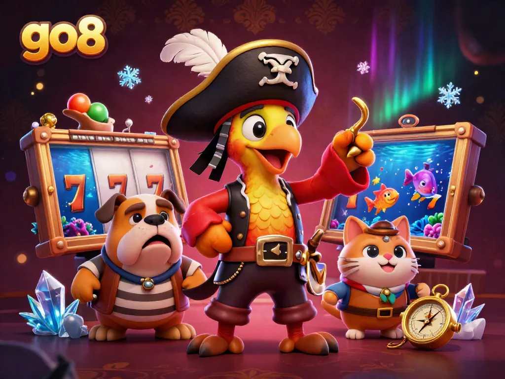 Experience GO8 with engaging characters and vibrant slot elements in a thrilling digital casino scene.