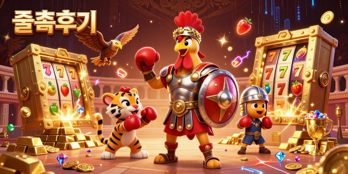 Engaging illustration of 슬롯후기 showcasing vibrant slot game elements with a gladiator rooster and tiger cub in a dynamic casino scene.