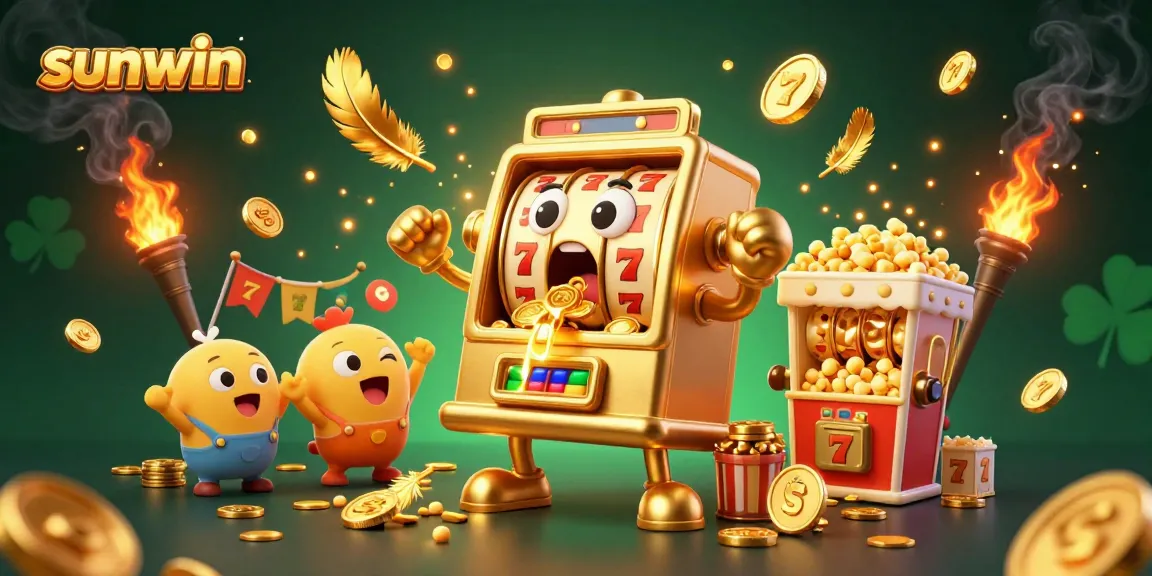 Cheerful golden slot machine hits the jackpot in an exciting sunwin casino scene.