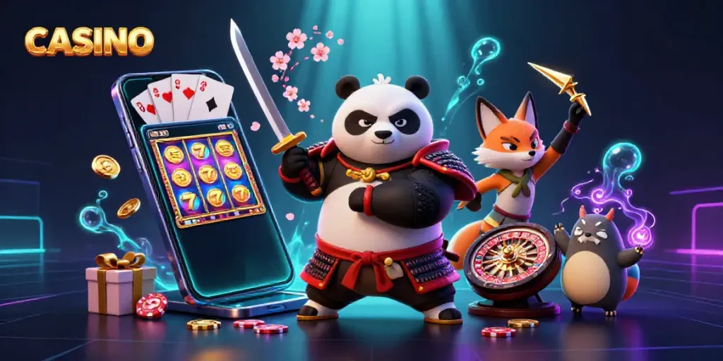 Casino illustration with a samurai panda, ninja fox, and playful spirit, showcasing slot games and vibrant energies.