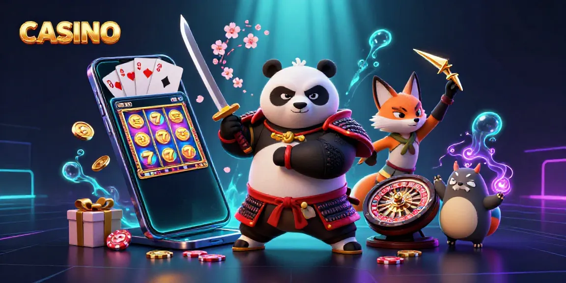 Casino illustration with a samurai panda, ninja fox, and playful spirit, showcasing slot games and vibrant energies.