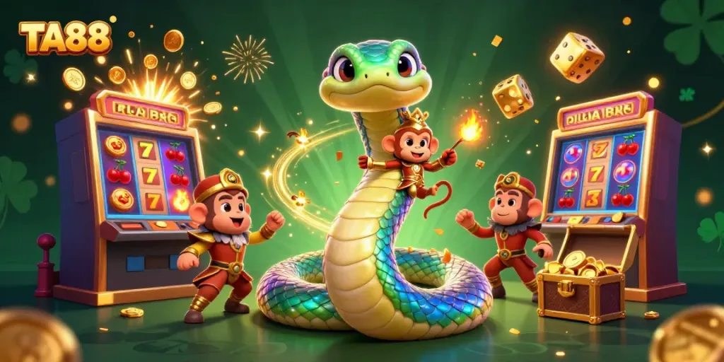 Experience the vibrant casino world of TA88 with a rainbow serpent and a monkey king amidst a jackpot explosion.