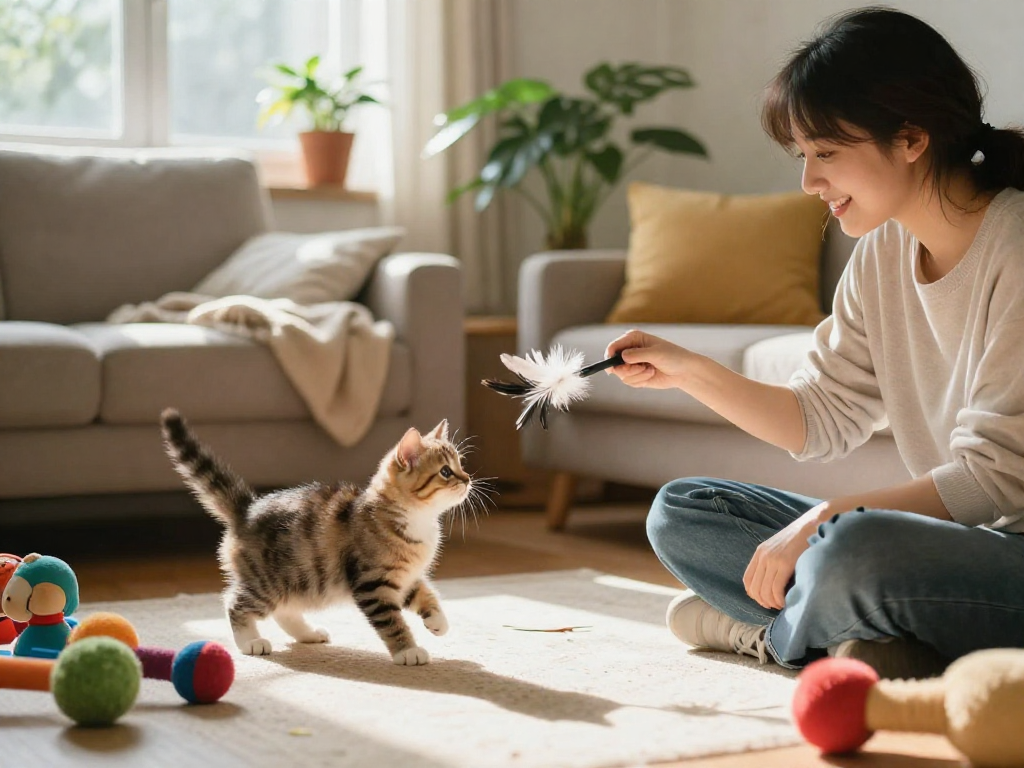 快喵的爱猫者在温馨的客厅里与小猫玩耍，阳光透过窗户洒进来。