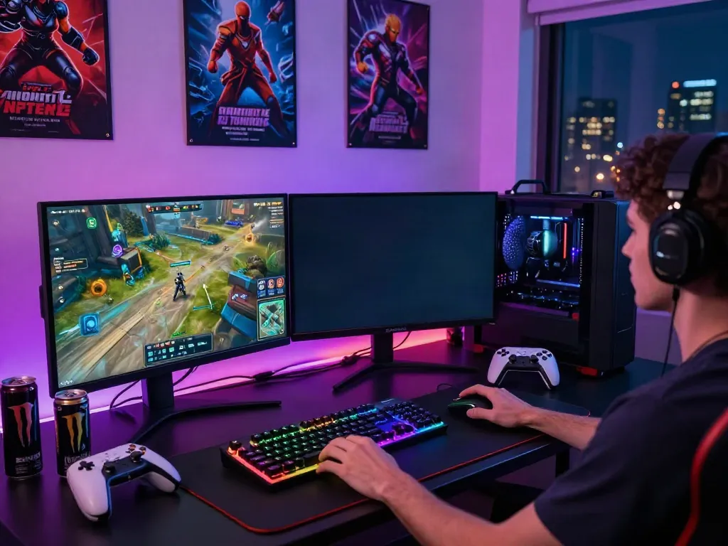 Engaging gaming setup with dual monitors, RGB keyboard, and vibrant room lighting from hexbloom.net