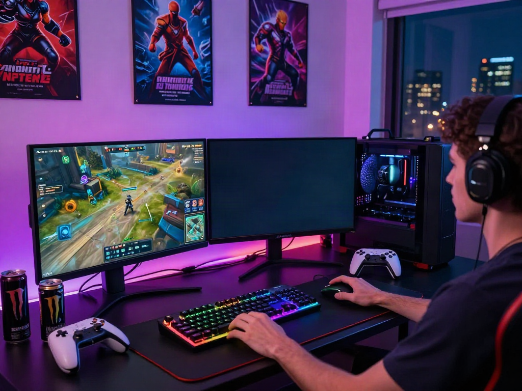 Engaging gaming setup with dual monitors, RGB keyboard, and vibrant room lighting from hexbloom.net
