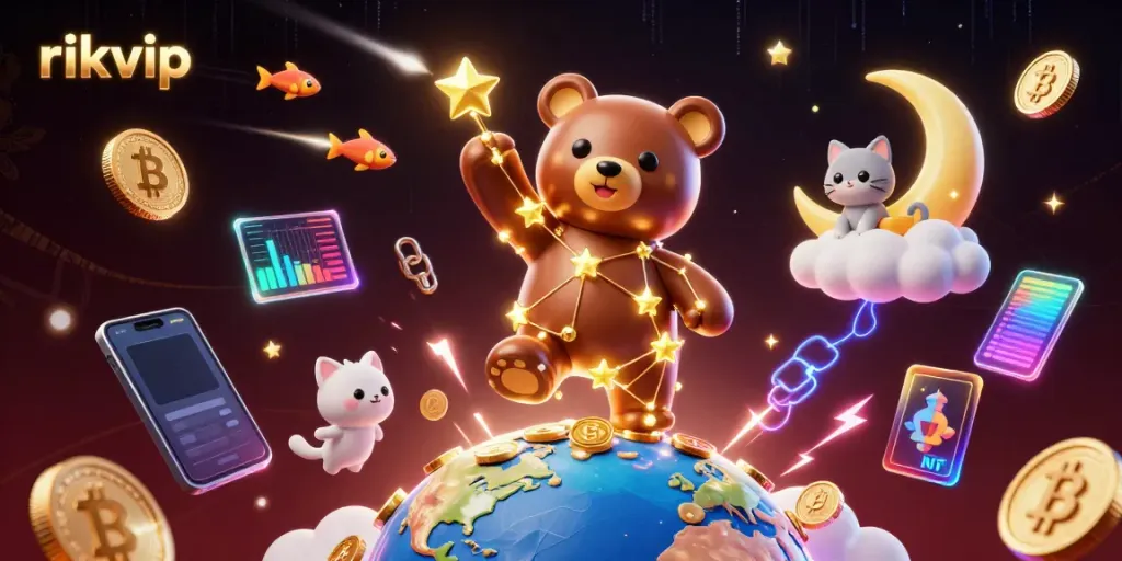 Experience the vibrant world of rikvip with a dazzling 3D bear and cosmic elements.