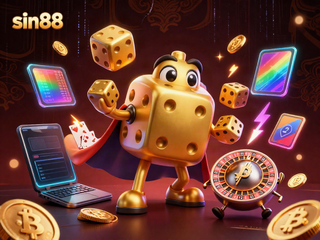 Engage with thrilling gameplay at sin88, featuring a dynamic scene of a golden dice golem, juggling and rolling dice in a vibrant casino atmosphere.