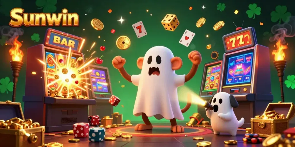 Experience the enchanting thrill of Sunwin with a mischievous poltergeist monkey juggling golden casino treasures.