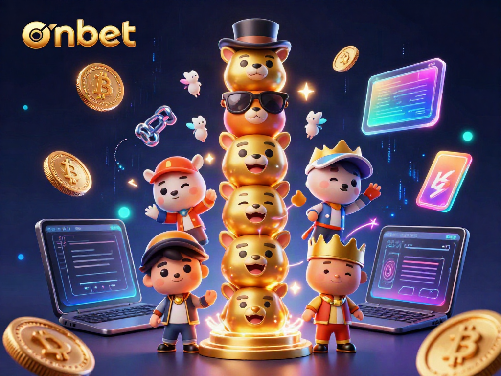 Experience dynamic gaming with onbet's colorful 3D totem, crypto elements, and casino vibes.