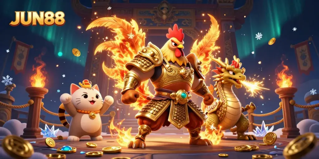 Engage with the thrilling roster of JUN88, featuring a majestic warrior rooster and a fierce dragon hatchling in an action-packed casino illustration.