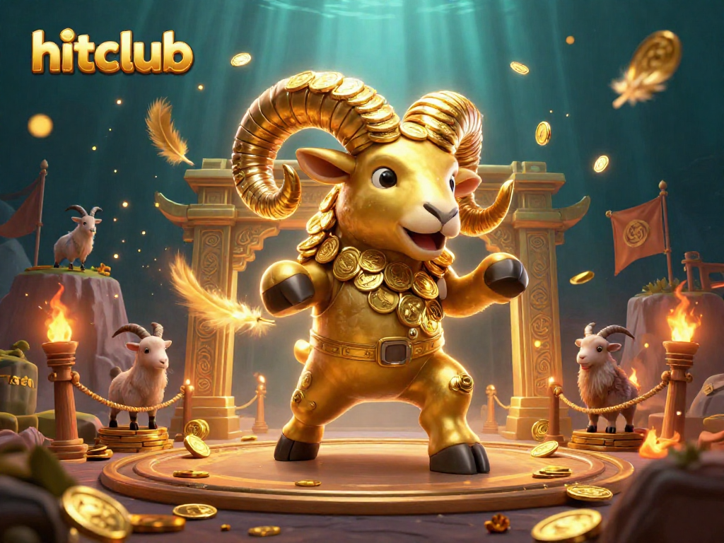 Hitclub showcases a golden ram charging through a mystical casino arena filled with gold coins and betting tokens.