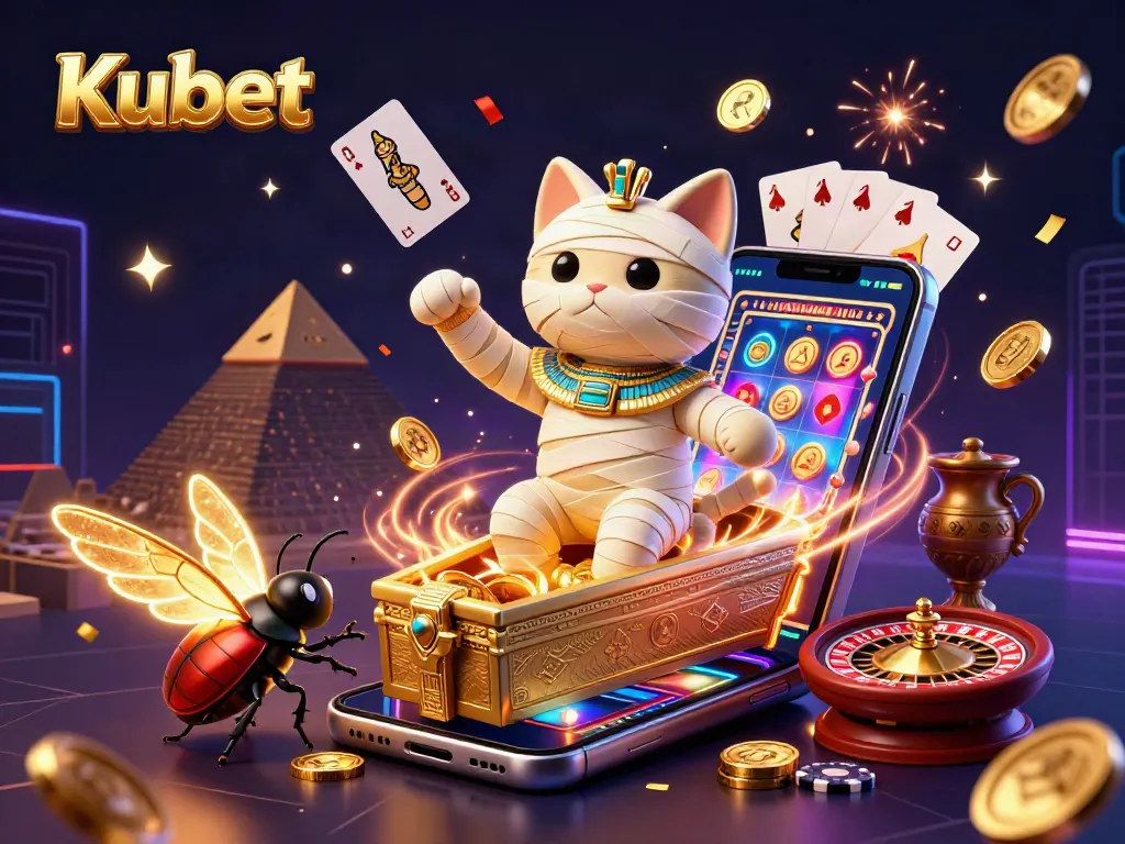Kubet's Egyptian mummy cat character emerges from a golden sarcophagus amid a lively casino scene, showcasing classic gaming elements.