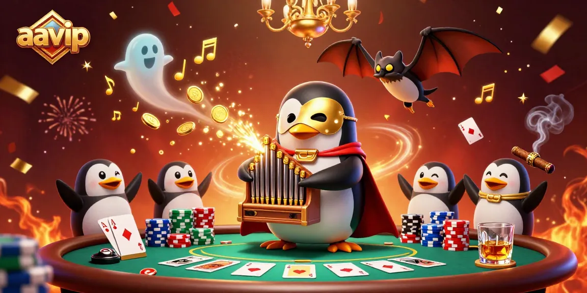 Aavip showcases a winning penguin playing an organ of gold coins amidst poker excitement.
