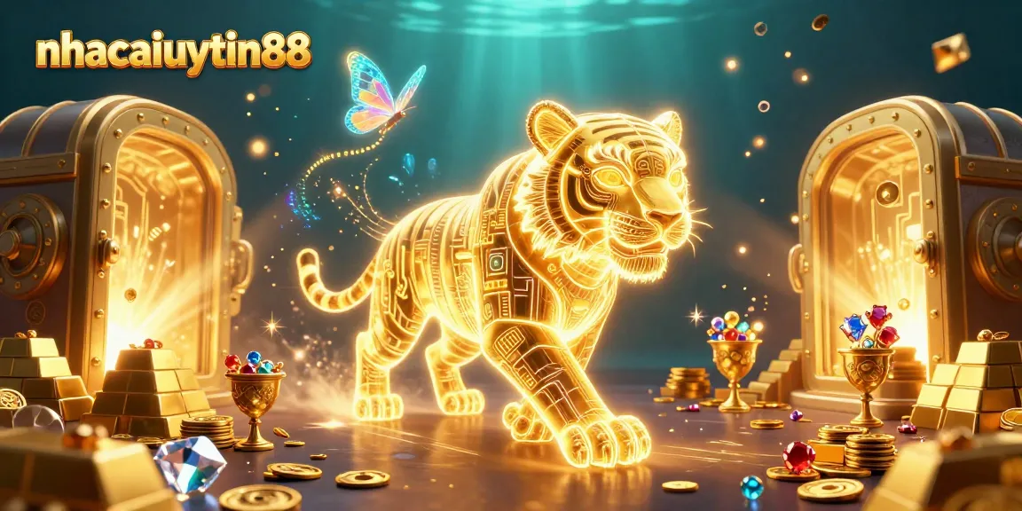 Win big at nhacaiuytin88 with a vibrant digital casino scene featuring glowing treasures and a mystical tiger.
