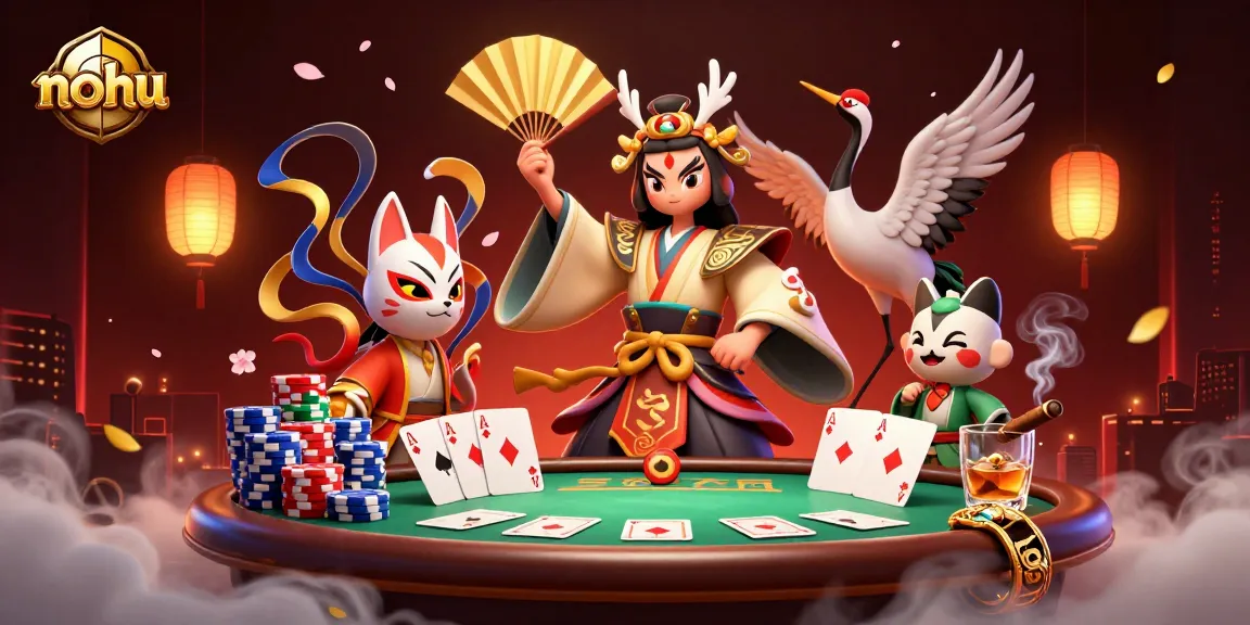 Nohu rooftop casino illustration showcases a kabuki warrior and kitsune mask with vibrant poker elements.