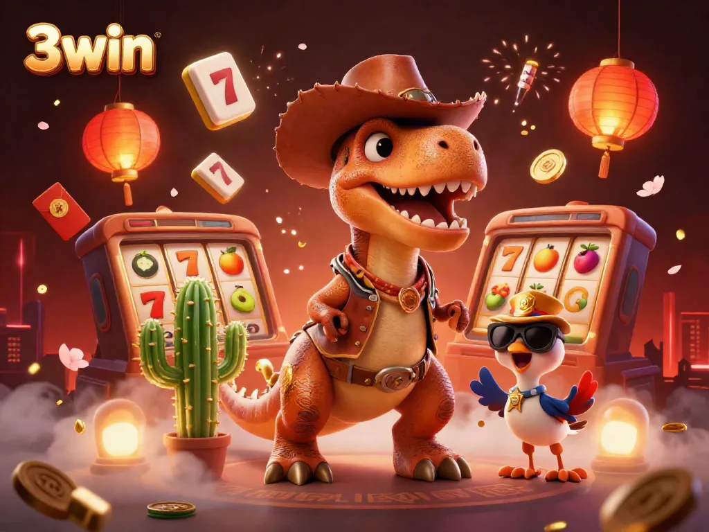 Engage with 3win com's thrilling slots featuring T-Rex, cactus, and roadrunner with colorful jackpots.