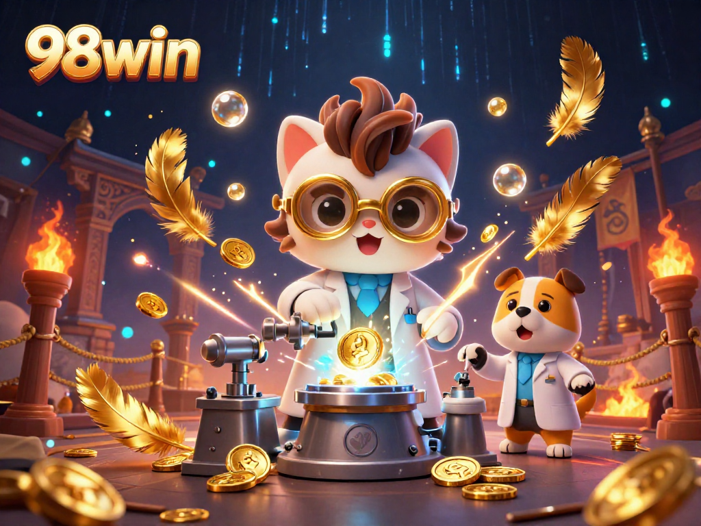Engage with 98win in this lively casino scene featuring a mad scientist cat and assistant.