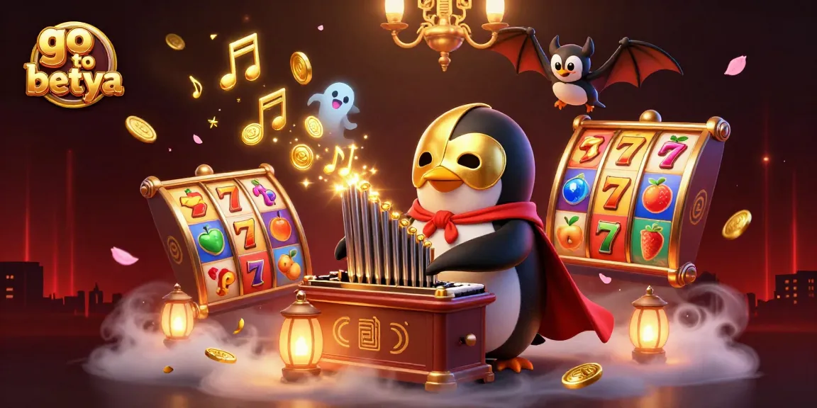 Win big with go to betya as a phantom penguin plays a golden organ amidst slot symbols.