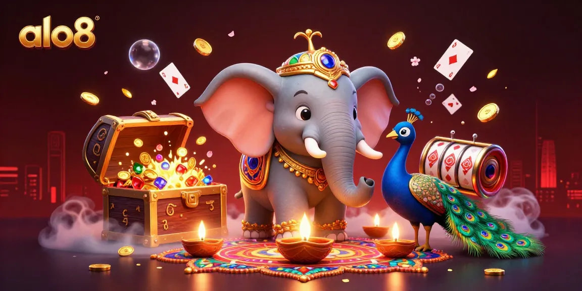 Experience the vibrant world of alo8, showcasing a Diwali-themed elephant surrounded by enchanting gambling elements.