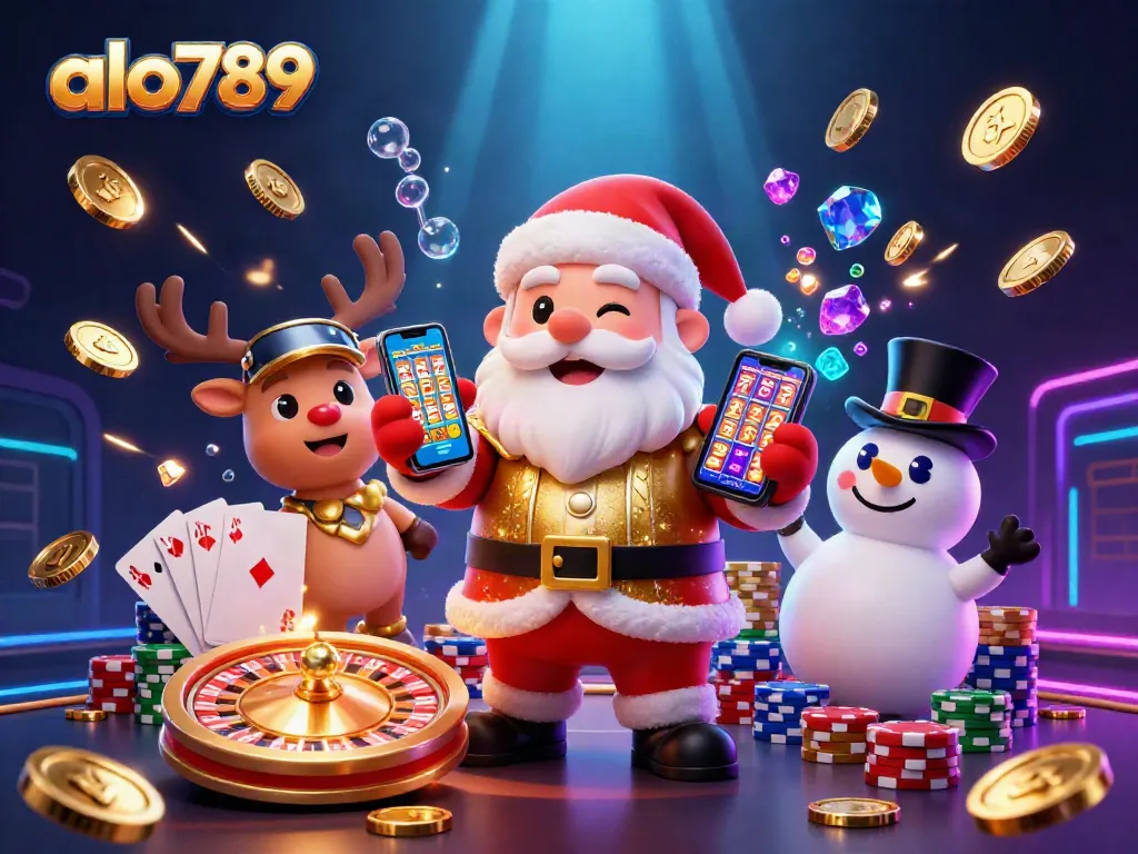 Win big with alo789 at a vibrant casino scene filled with festive characters and magical elements.